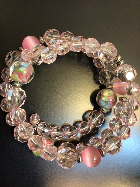 Jewelry - Triple Strand Wrap-around Pink Beads/Cat’s Eye/Lampwork Glass Bracelet